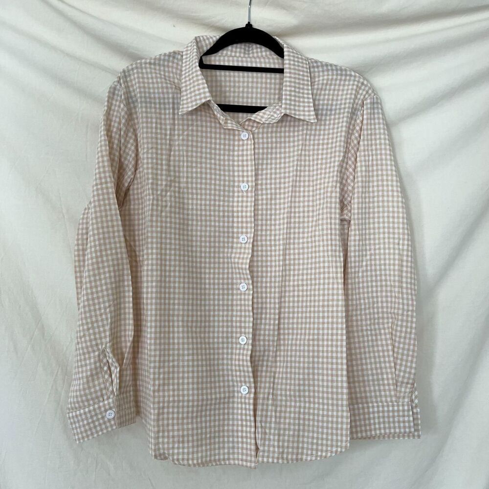 100% Linen Lightweight Button Up Blouse Shirt Tan White Gingham Plaid S